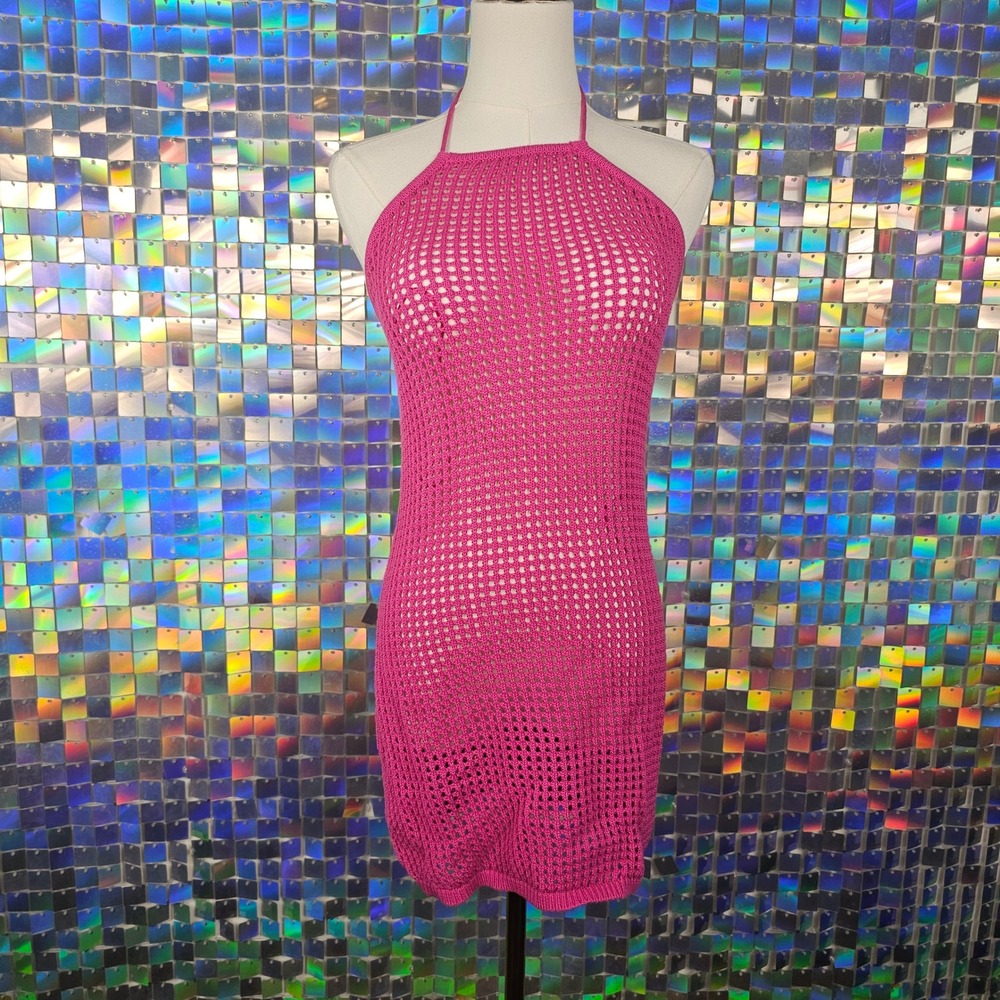 Etcetera Crochet Mini Dress Women S Pink Excellent Halter Backless Open Knit